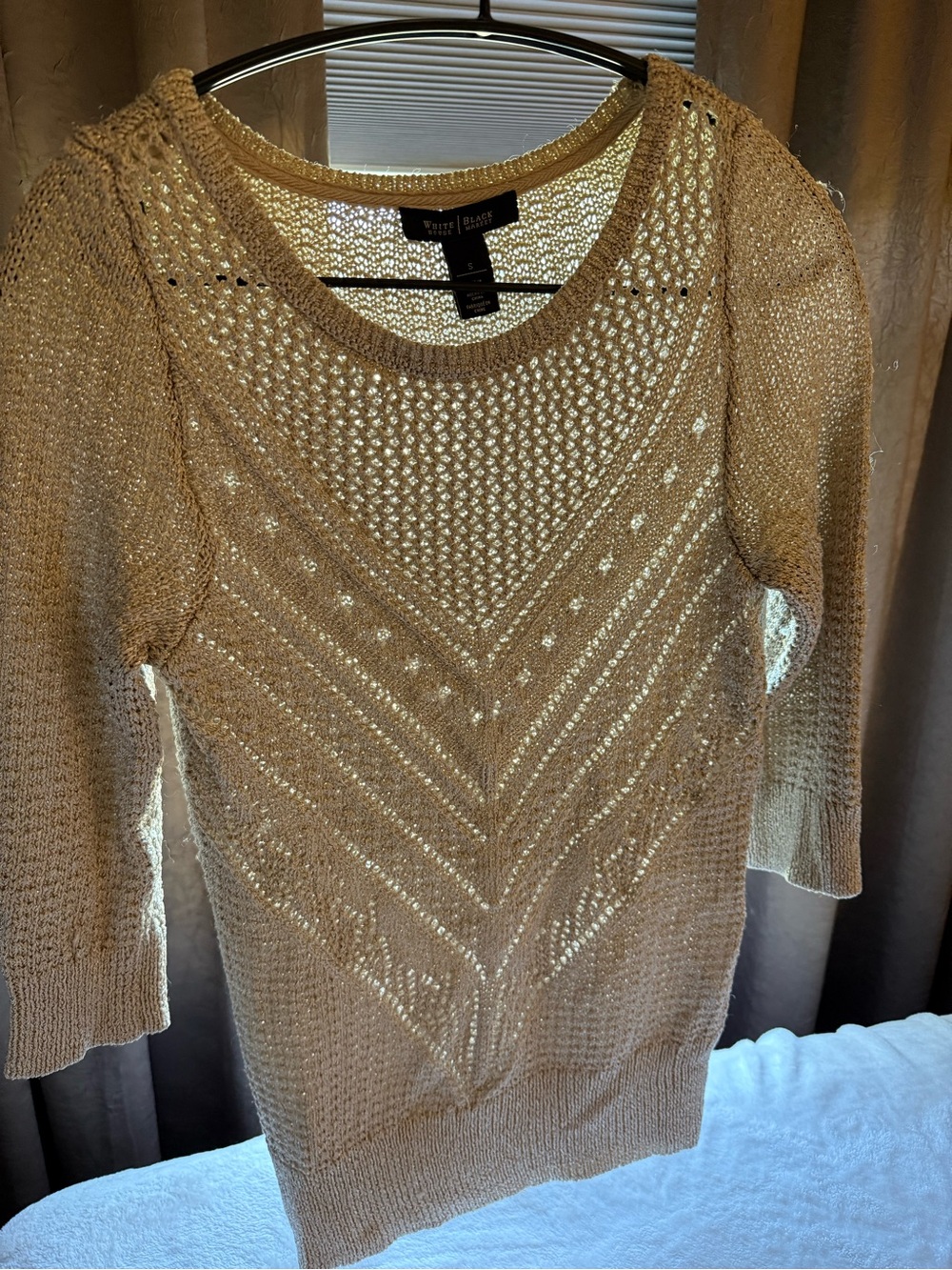 White House Black Market Gold Metallic Open-Knit Scoop Neck Sweater 3/4 Sleeve
